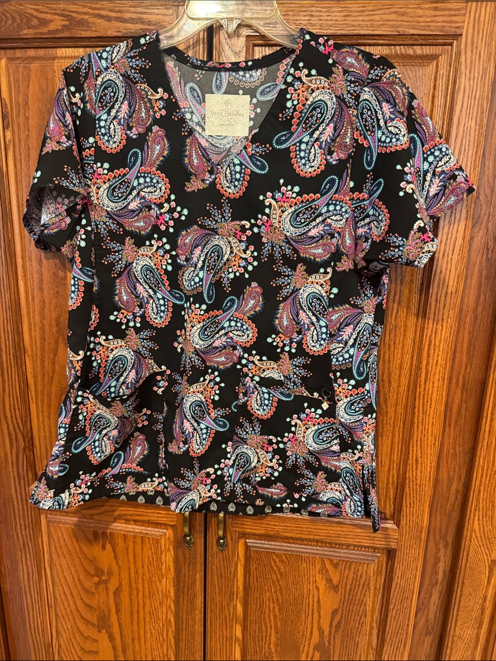 Vera Bradley Black Paisley V-Neck Scrub Tee with Multicolor Accents - like new!